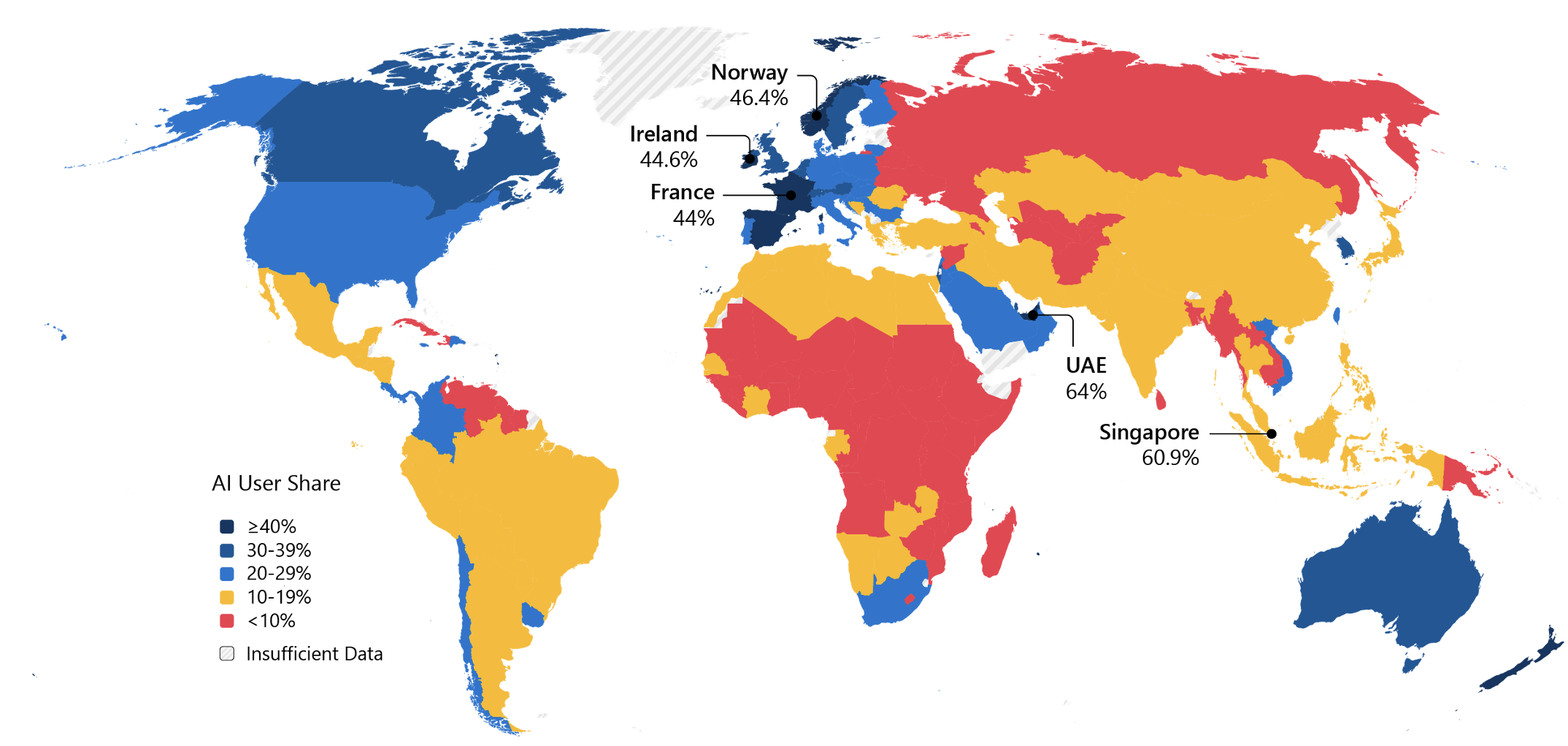 Colour-coded world map with AI user share