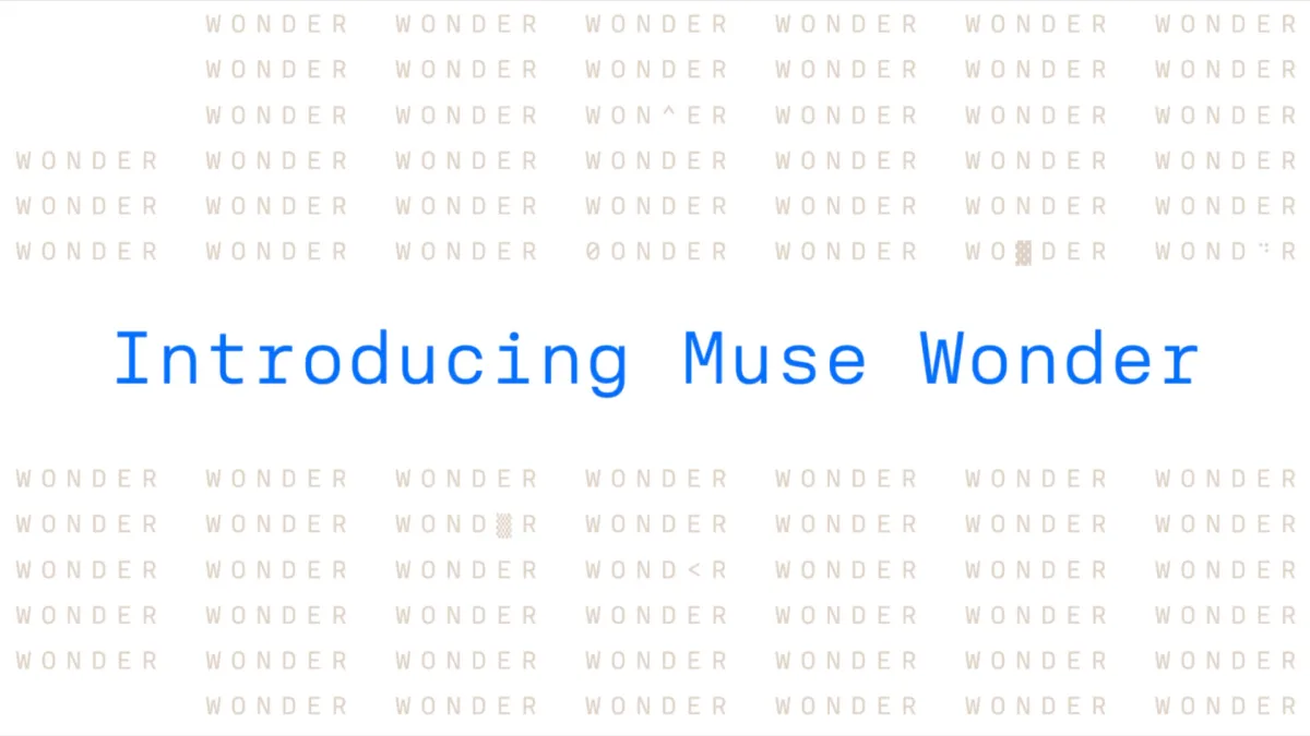 Introducing Muse Wonder: the title in blue type, surrounded by rows of the word WONDER in light grey letters.
