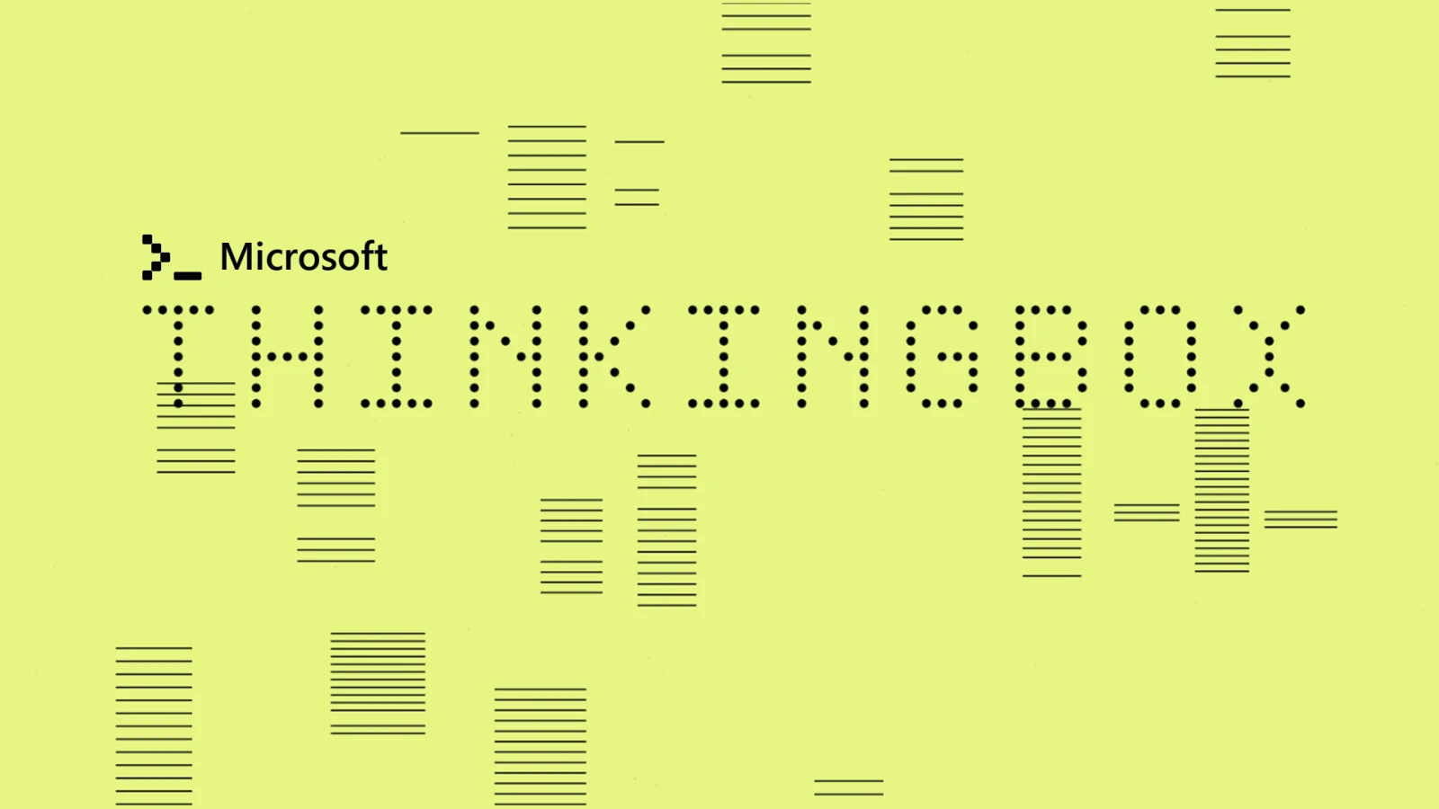 Titelbild von Microsoft ThinkingBox: das Wort THINKINGBOX in gepunkteter Terminalschrift auf limettengrünem Hintergrund mit dem Microsoft-Logo.
